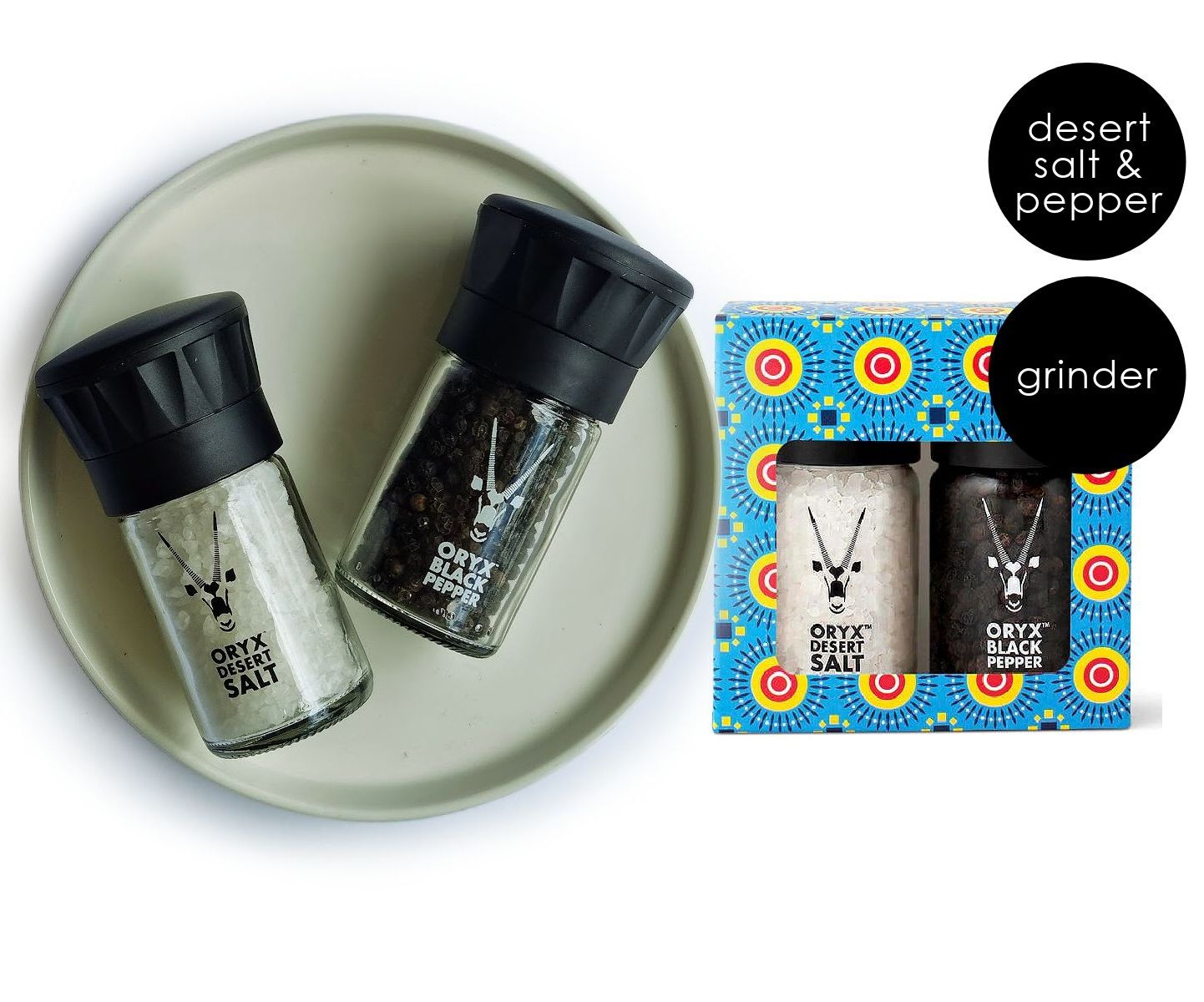 Oryx desert salt and black pepper combo with grinders